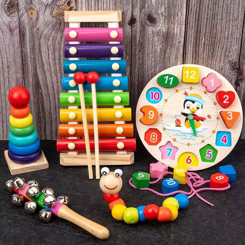 Early Education Educational Toys Children'S Small Winding Beads Eight-Tone Piano Alarm Clock Children'S Knocking Piano Suit Wooden Baby Montessori Infants - Image 2